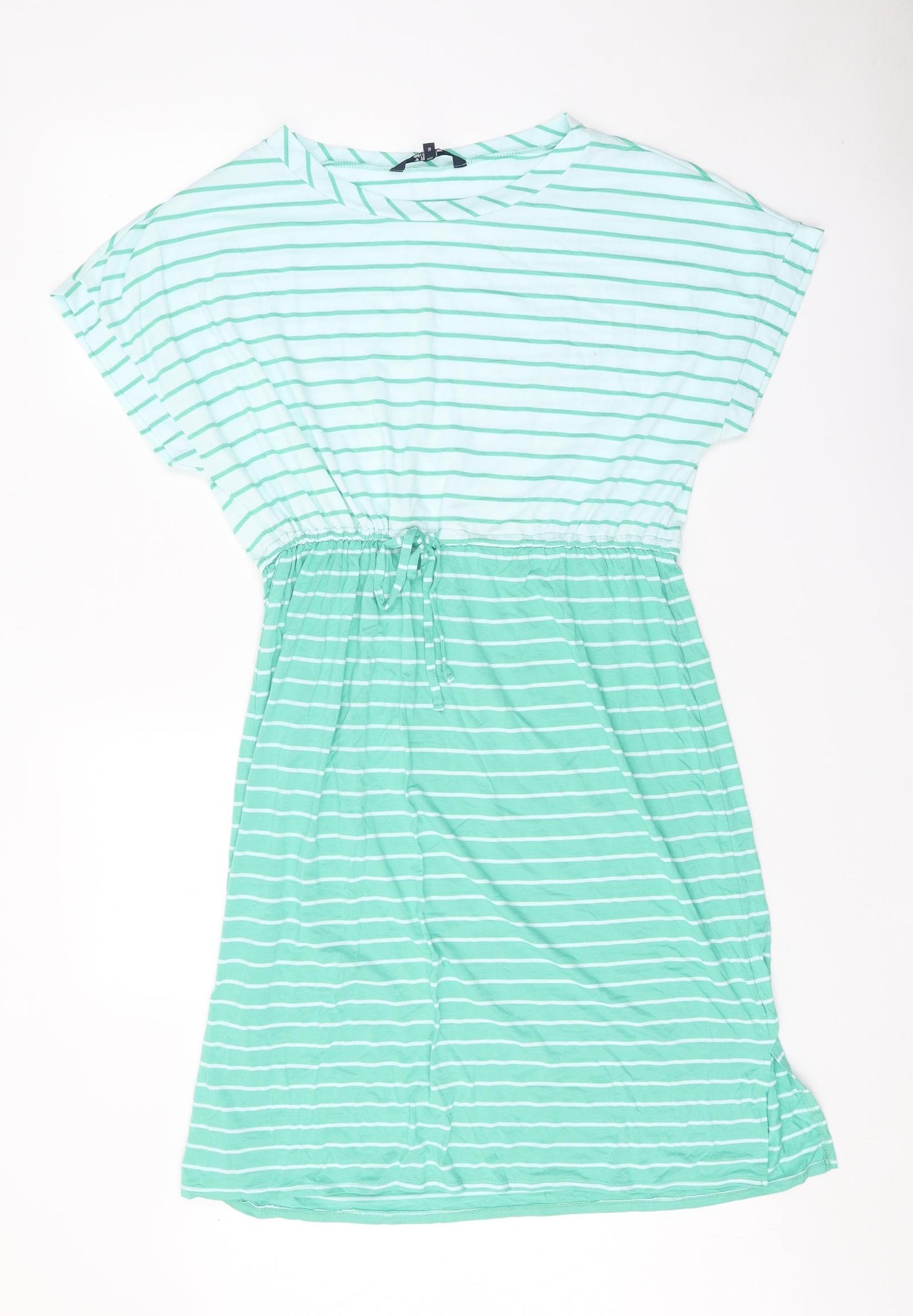 Maine Womens Green Striped Viscose T-Shirt Dress Size 16 Round Neck Tie