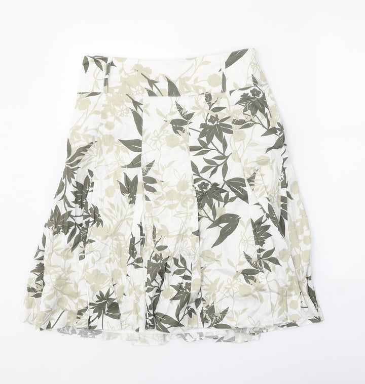 Camaieu Womens White Floral Cotton Swing Skirt Size 10 Zip