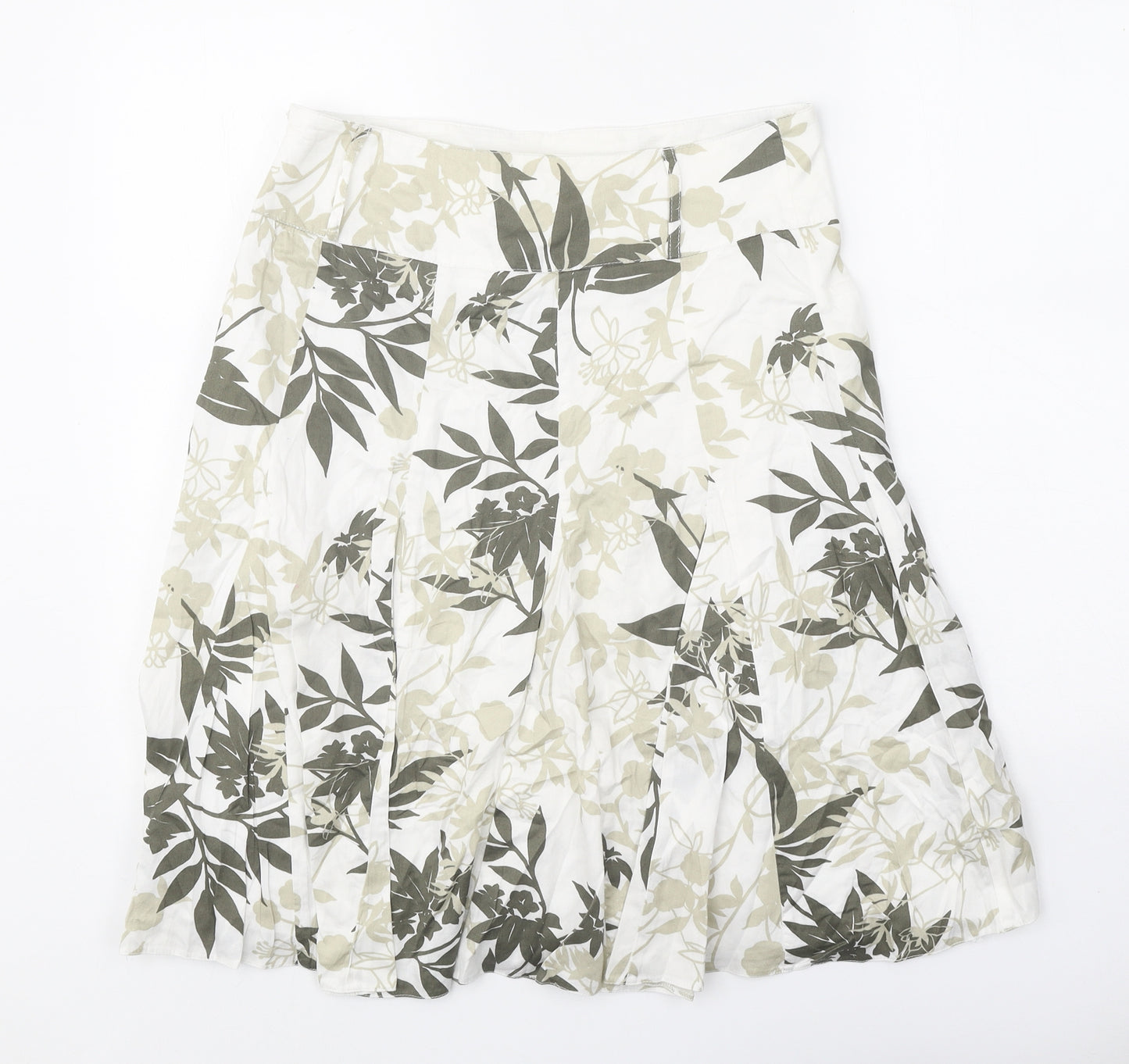Camaieu Womens White Floral Cotton Swing Skirt Size 10 Zip