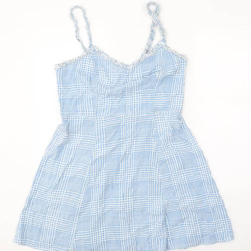 New Look Womens Blue Plaid Viscose Mini Size 16 V-Neck Pullover