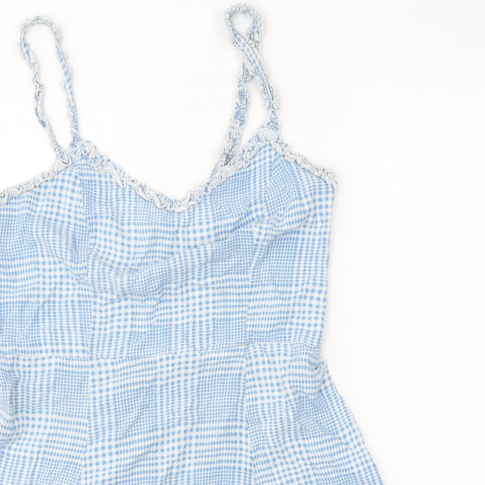 New Look Womens Blue Plaid Viscose Mini Size 16 V-Neck Pullover