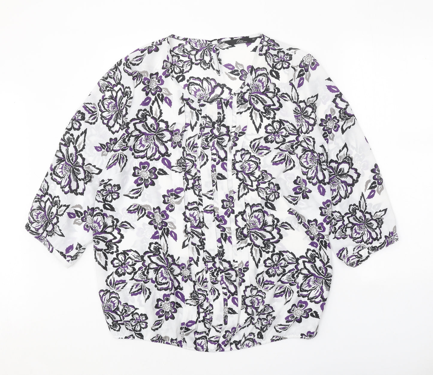 Bonmarché Womens White Floral Polyester Basic Blouse Size 20 Scoop Neck