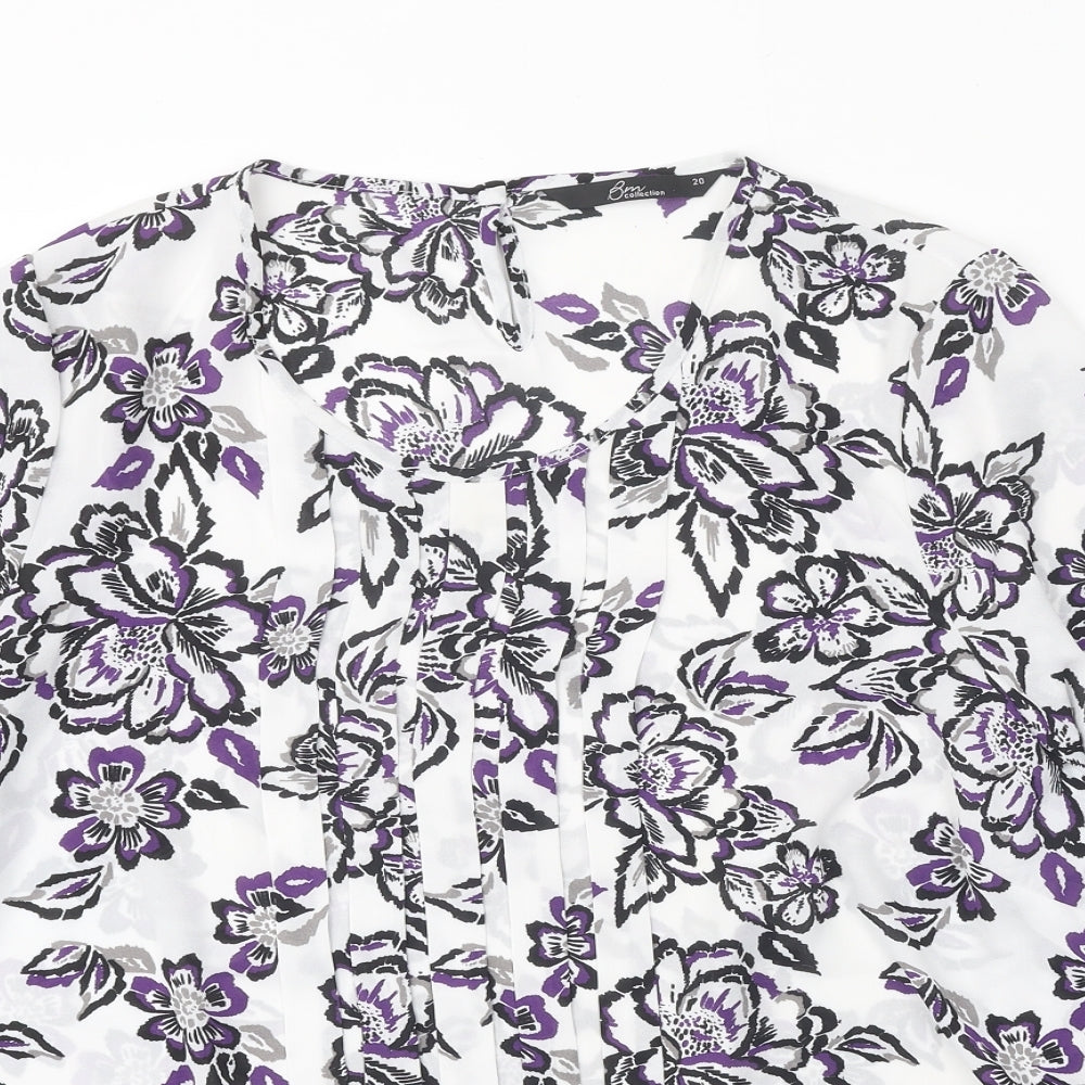 Bonmarché Womens White Floral Polyester Basic Blouse Size 20 Scoop Neck