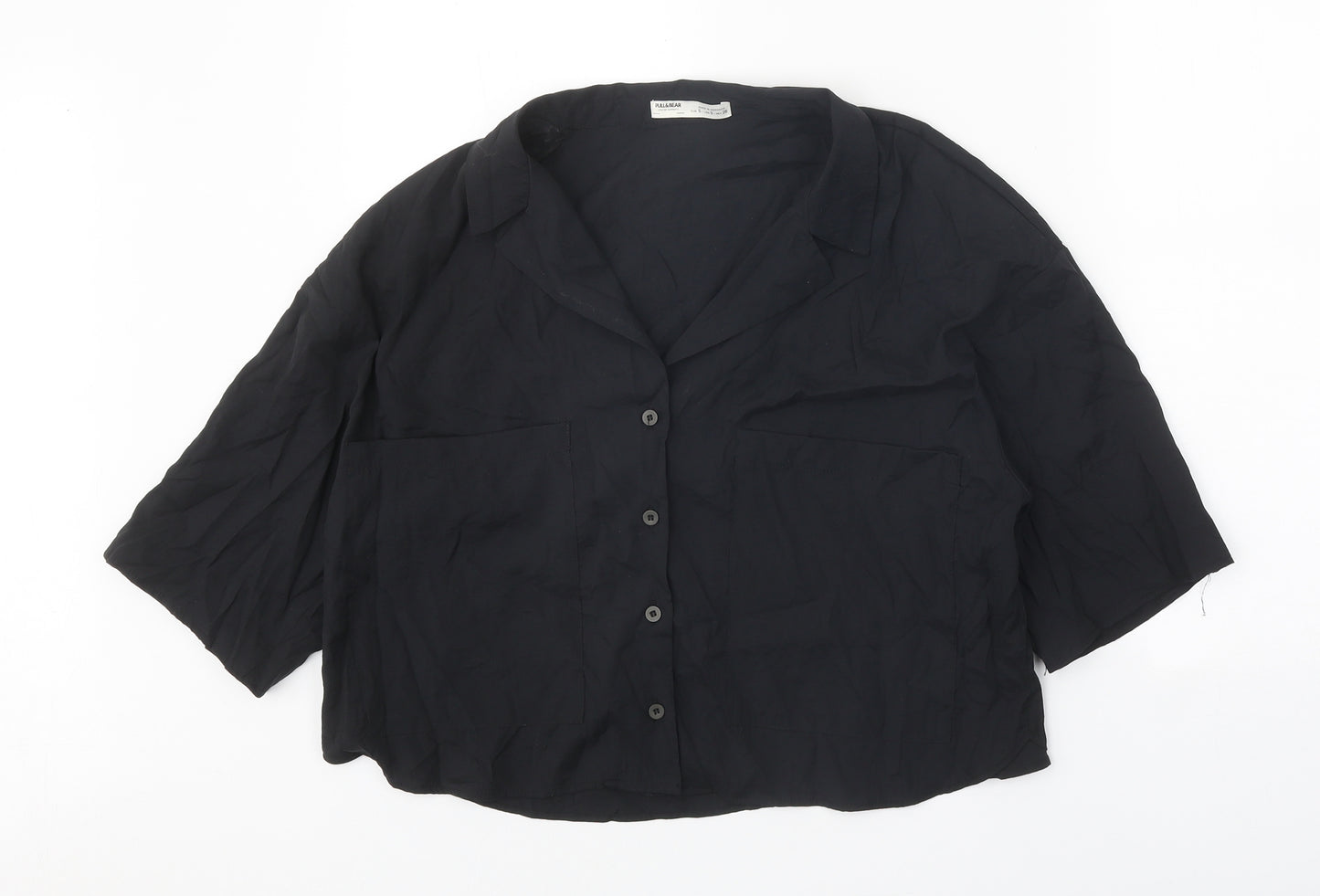 Pull&Bear Womens Black Modal Basic Button-Up Size S Collared