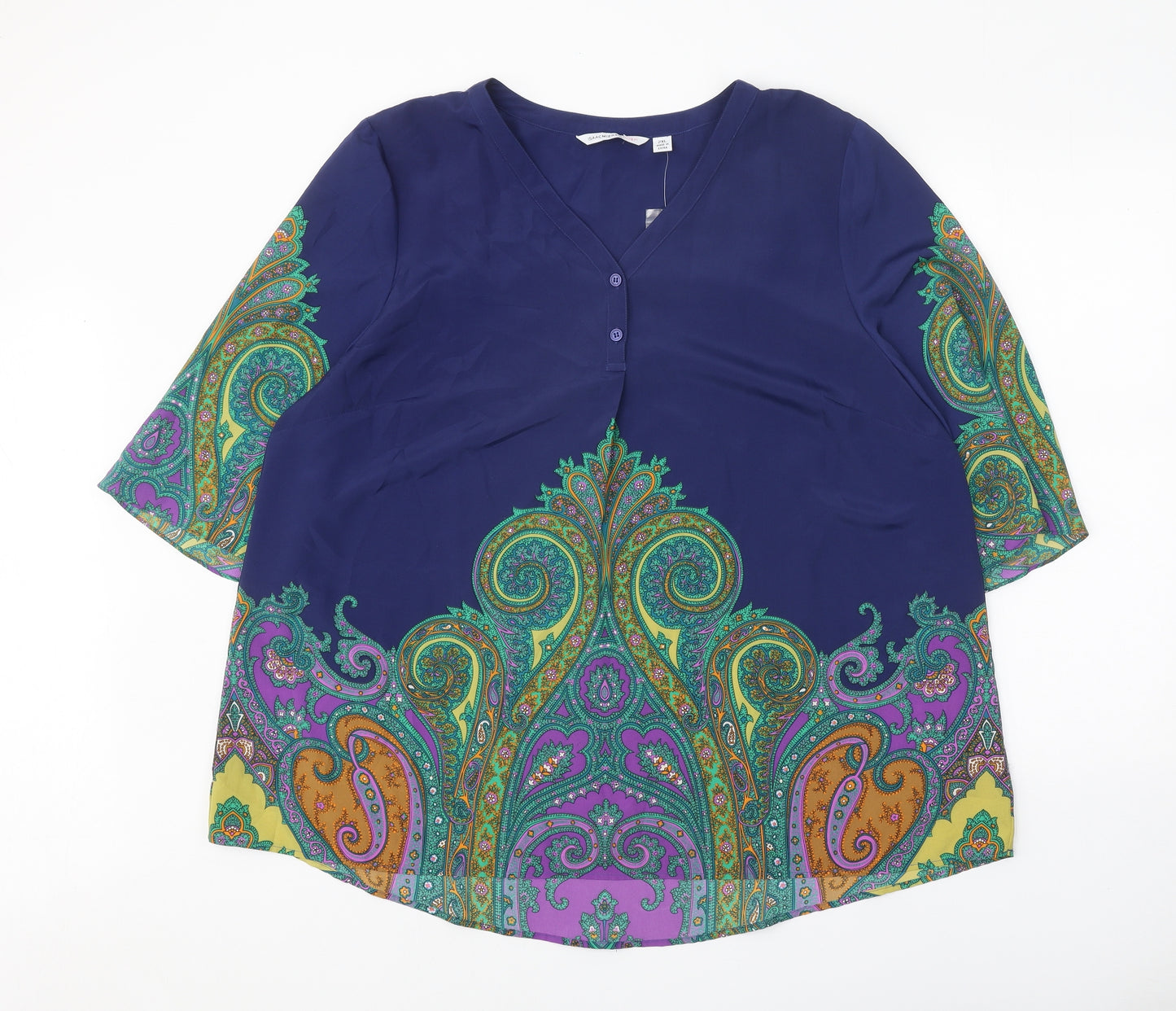 Isaac Mizrahi Womens Blue Paisley Polyester Basic Blouse Size 2XL V-Neck