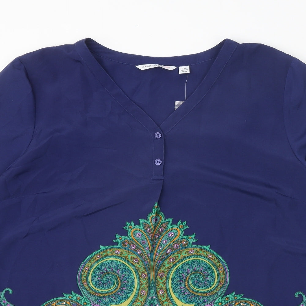 Isaac Mizrahi Womens Blue Paisley Polyester Basic Blouse Size 2XL V-Neck