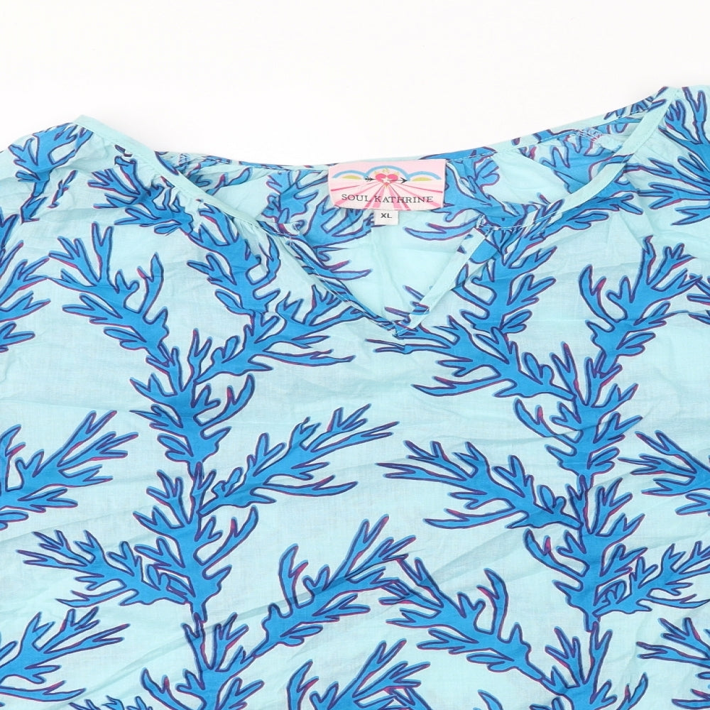Soul Katherine Womens Blue Geometric 100% Cotton Basic Blouse Size XL V-Neck