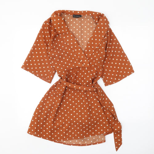PRETTYLITTLETHING Womens Orange Polka Dot Polyester Fit & Flare Size 6 V-Neck Tie