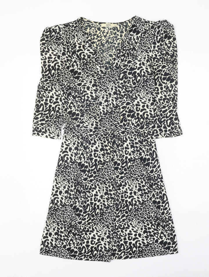 Oasis Womens Black Animal Print Polyester A-Line Size XS V-Neck Pullover - Leopard Pattern