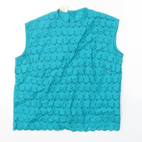 Winfield Womens Blue Geometric 100% Cotton Basic Tank Size 12 Round Neck - Broderie Anglaise