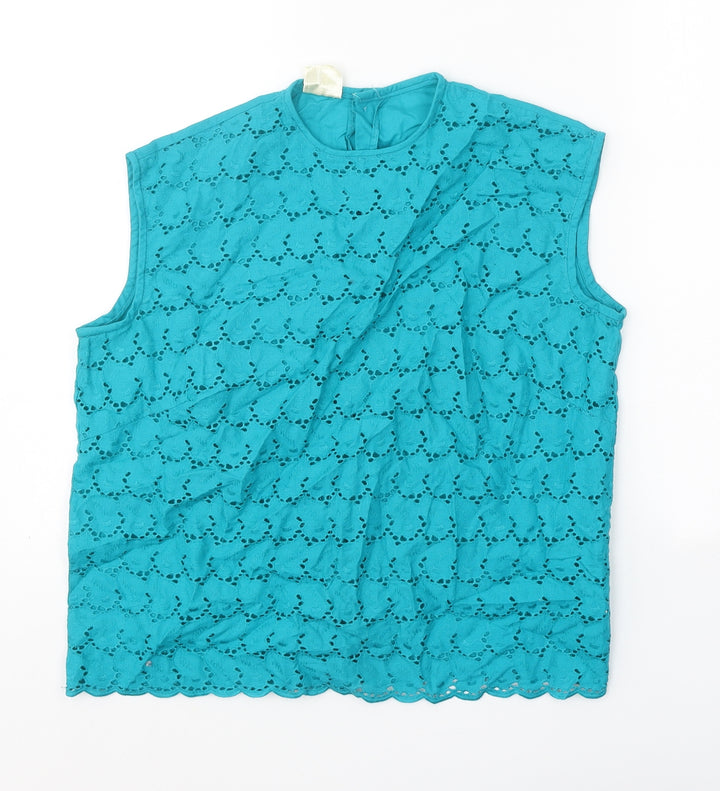 Winfield Womens Blue Geometric 100% Cotton Basic Tank Size 12 Round Neck - Broderie Anglaise