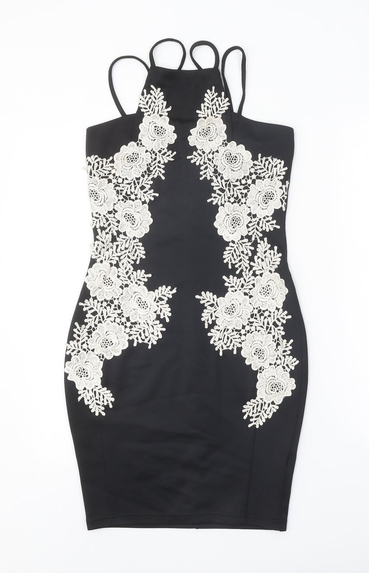 AX Paris Womens Black Floral Polyester Bodycon Size 8 Square Neck Pullover