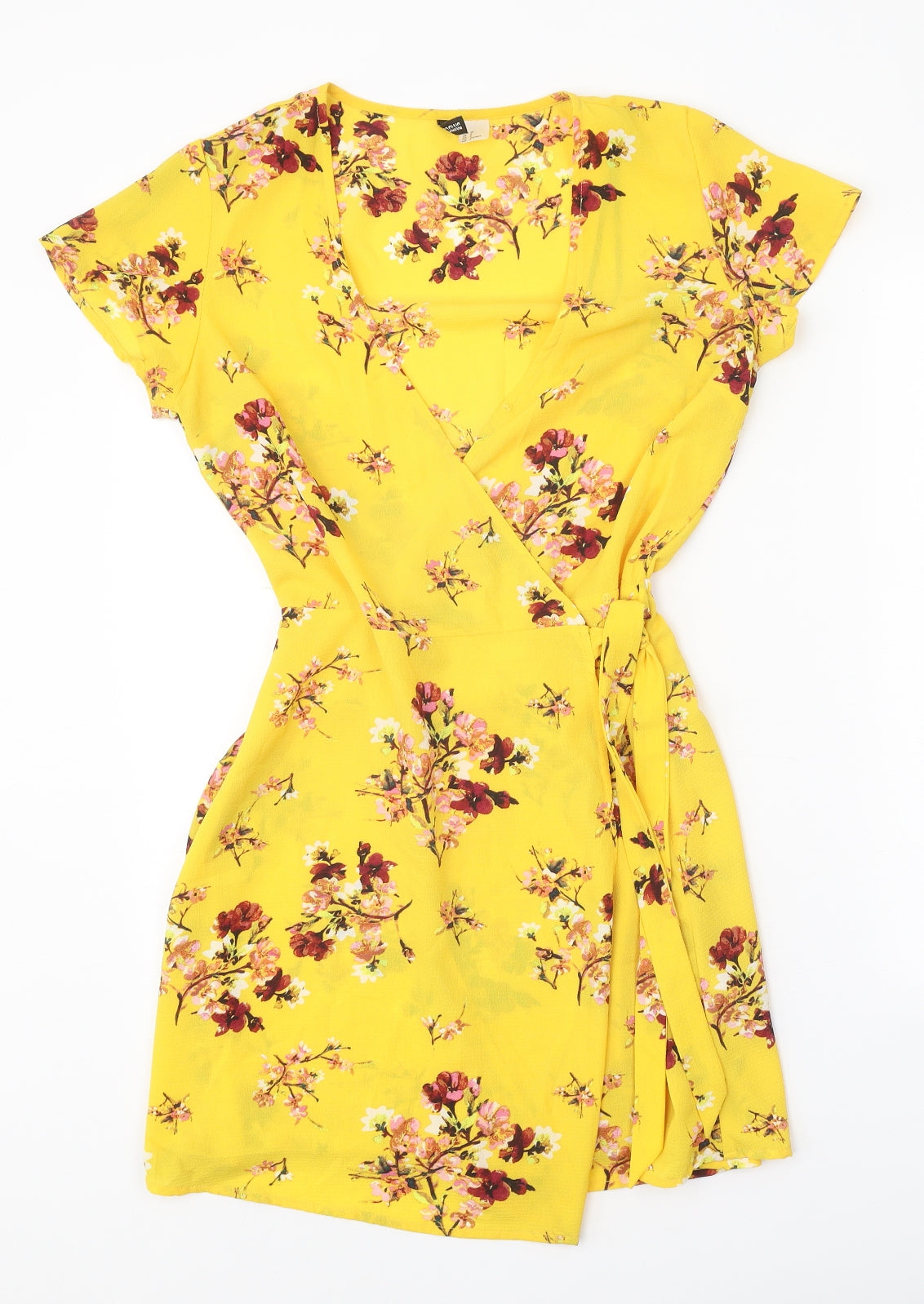 Divided Womens Yellow Floral Polyester Wrap Dress Size 6 V-Neck Tie