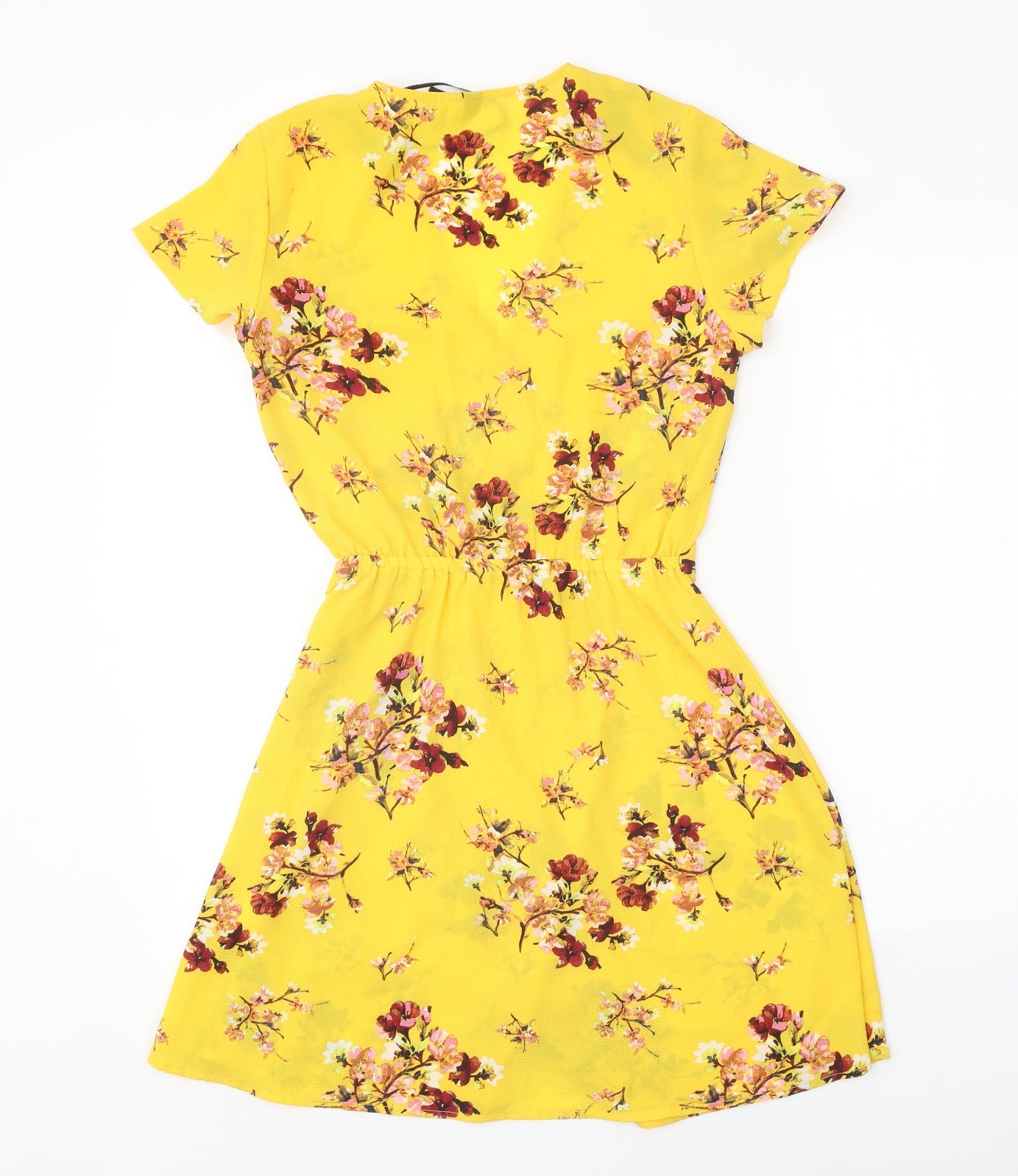 Divided Womens Yellow Floral Polyester Wrap Dress Size 6 V-Neck Tie