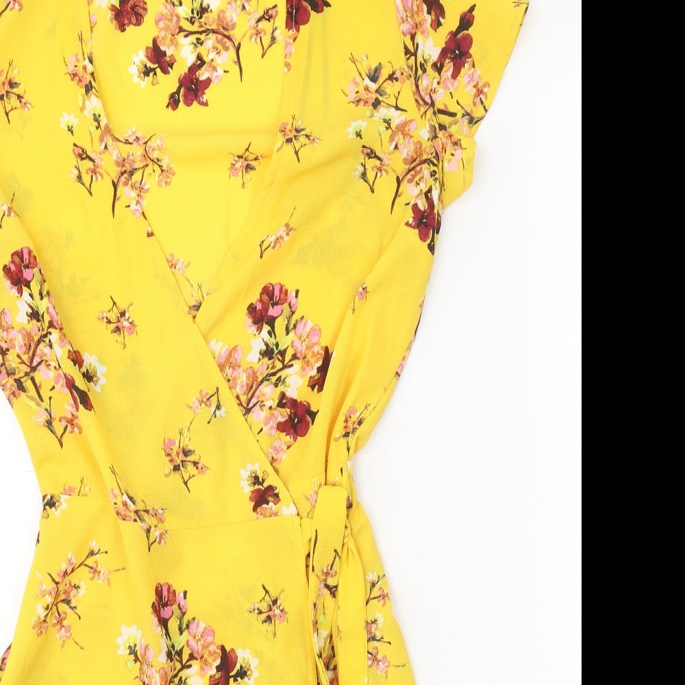 Divided Womens Yellow Floral Polyester Wrap Dress Size 6 V-Neck Tie