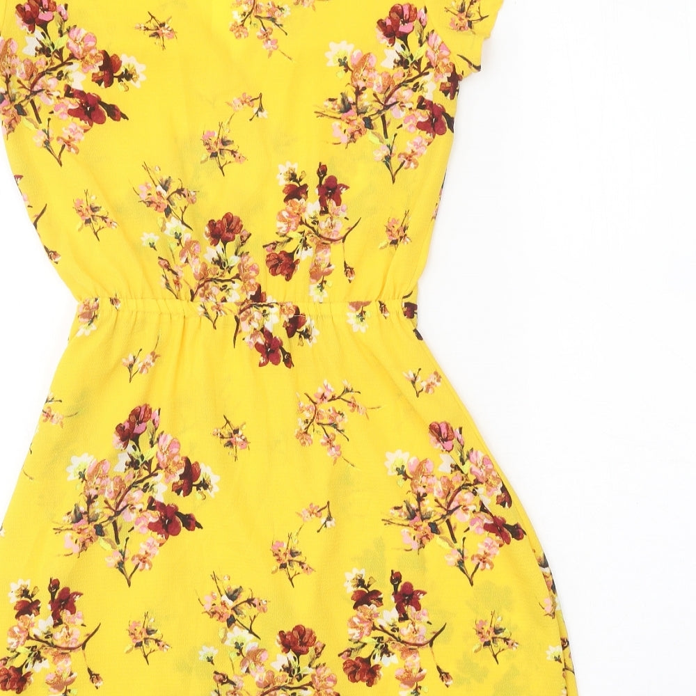 Divided Womens Yellow Floral Polyester Wrap Dress Size 6 V-Neck Tie