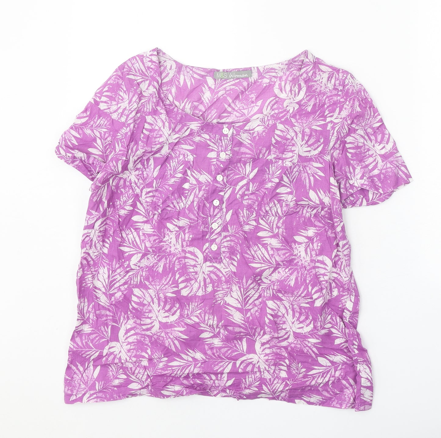 Marks and Spencer Womens Purple Geometric 100% Cotton Basic Blouse Size 10 Scoop Neck
