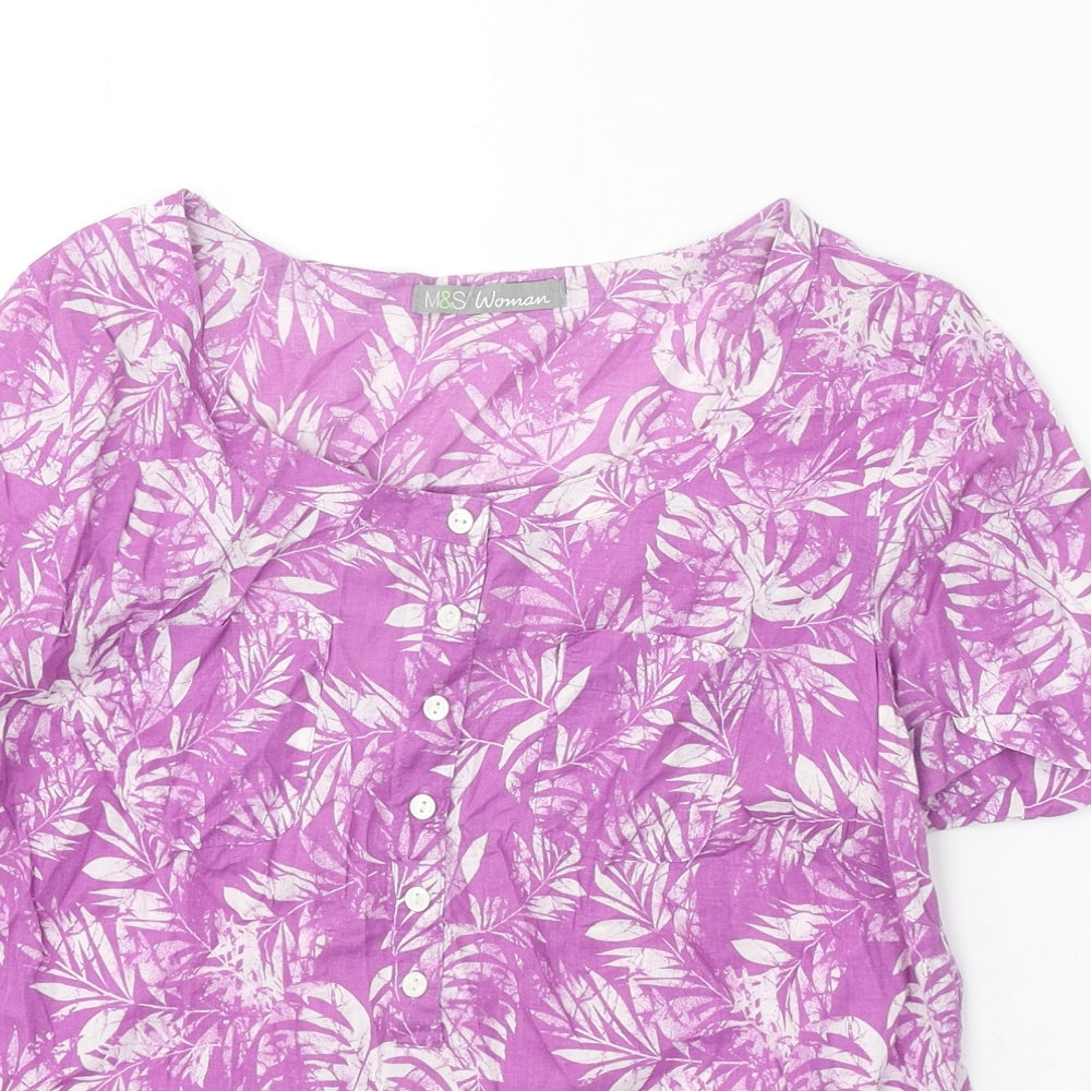 Marks and Spencer Womens Purple Geometric 100% Cotton Basic Blouse Size 10 Scoop Neck