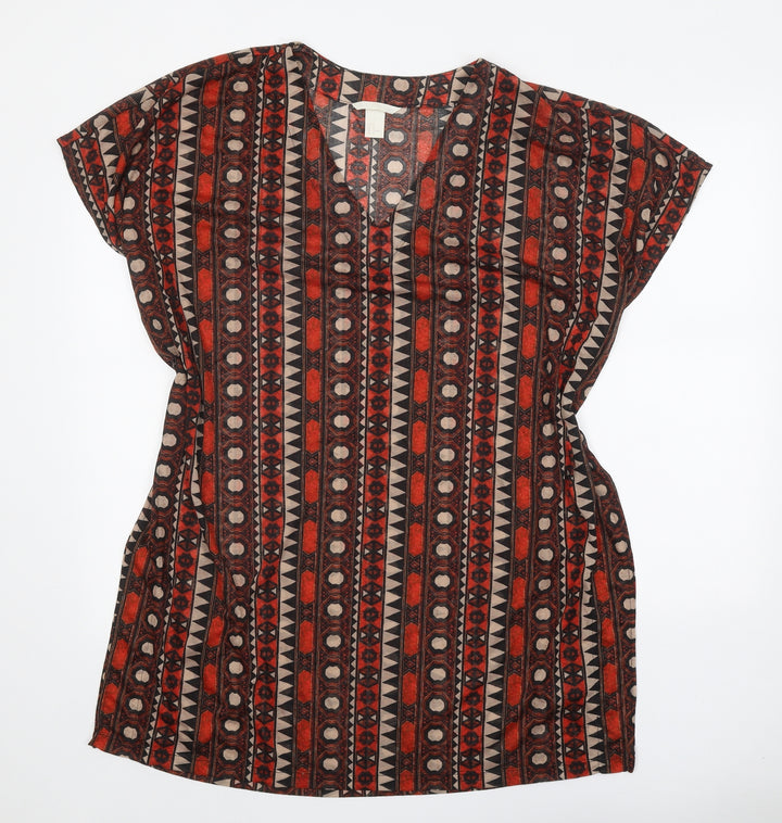 H&M Womens Brown Geometric Polyester Shift Size M V-Neck Pullover