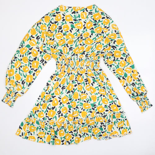Girl in Mind Womens White Geometric Polyester Fit & Flare Size S V-Neck Pullover - Elastic Waist, Drop hem