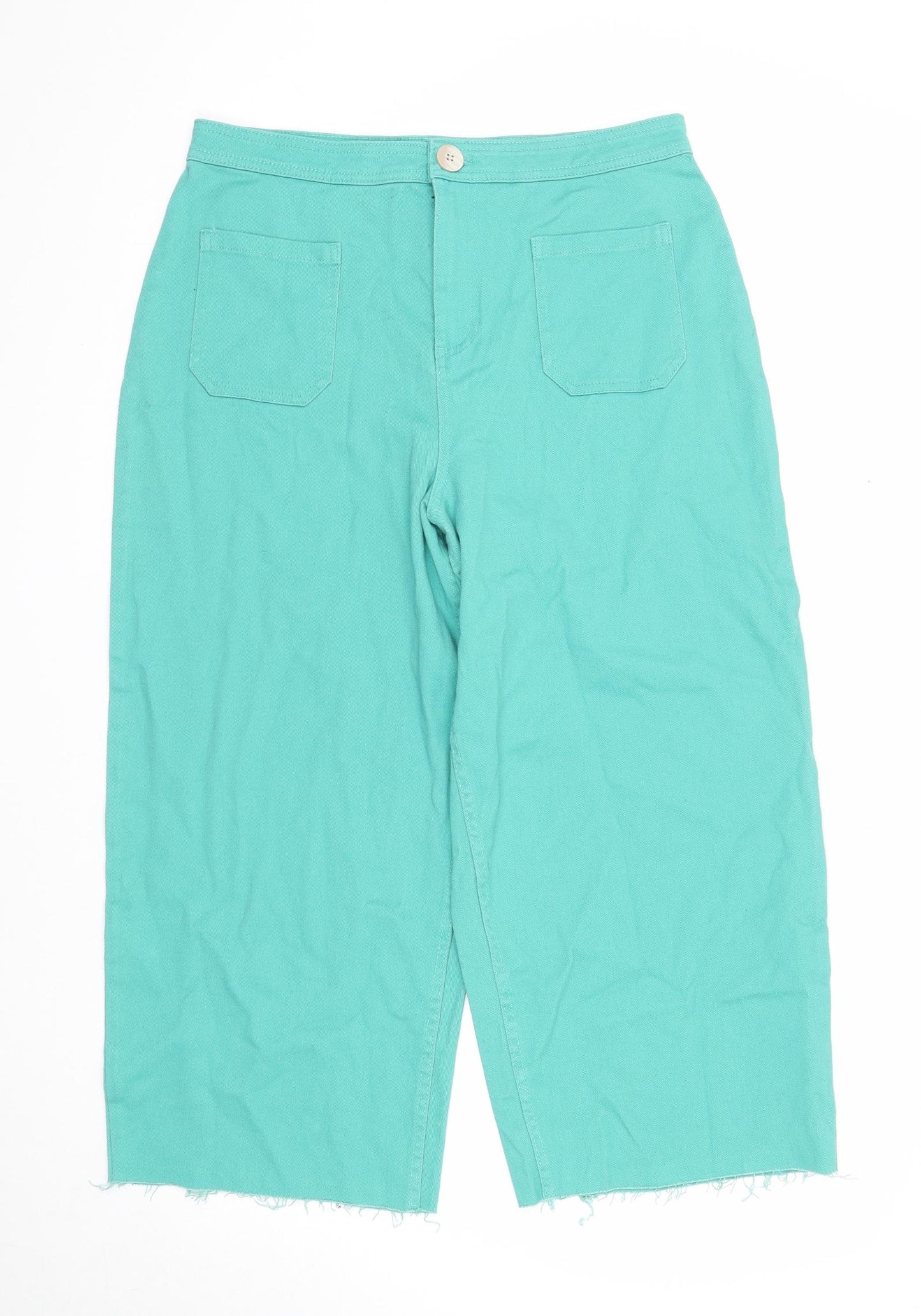 TU Womens Green Cotton Wide-Leg Jeans Size 14 Regular Zip - Distressed Hems Culottes