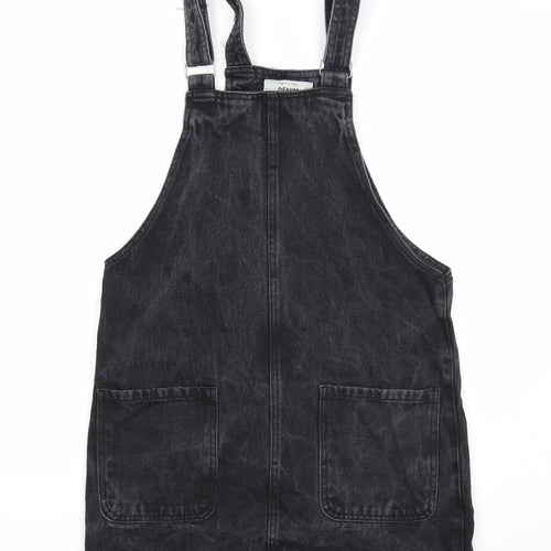 New Look Womens Black Cotton Pinafore/Dungaree Dress Size 8 Square Neck Button