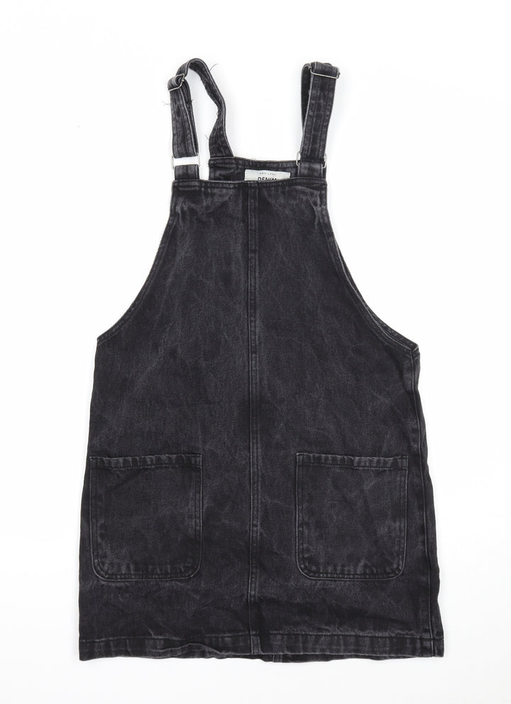 New Look Womens Black Cotton Pinafore/Dungaree Dress Size 8 Square Neck Button