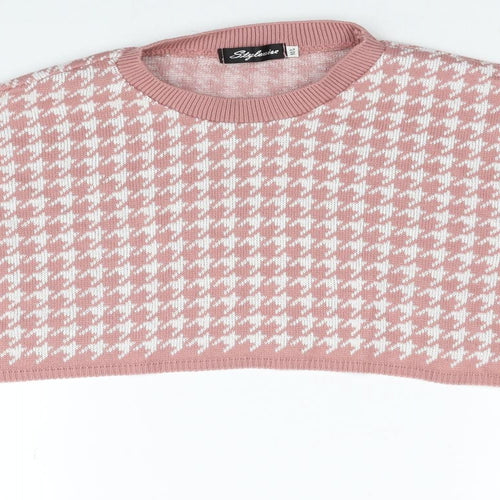 Stylewise Womens Pink Round Neck Herringbone Acrylic Pullover Jumper Size M - Cropped, Size M/L