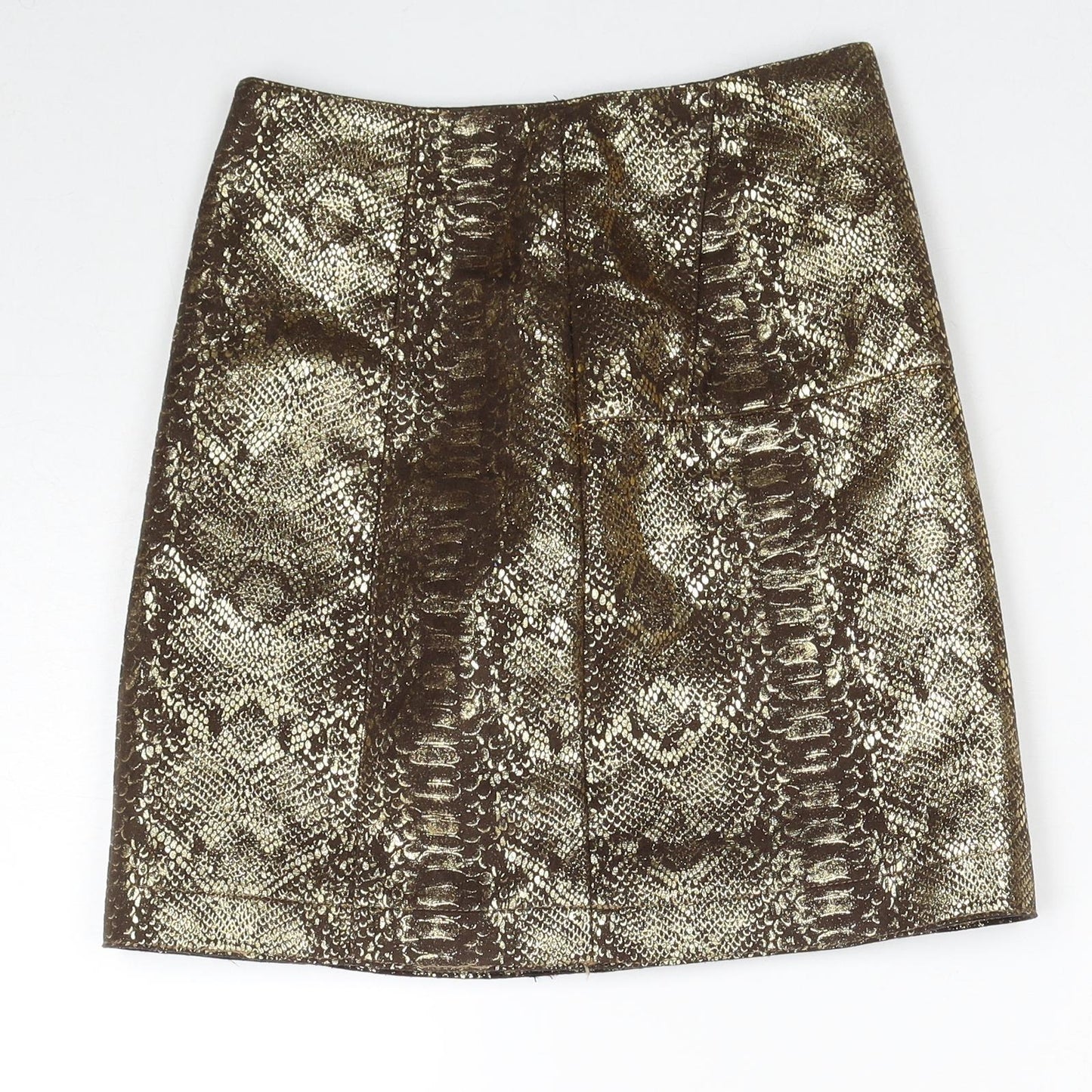 River Island Womens Gold Animal Print Polyester A-Line Skirt Size 6 Zip - Snakeskin Pattern