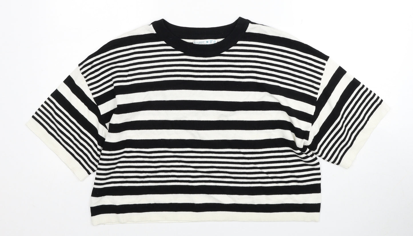 Primark Womens Black Round Neck Striped Viscose Pullover Jumper Size 12 - Cropped, Size 12-14
