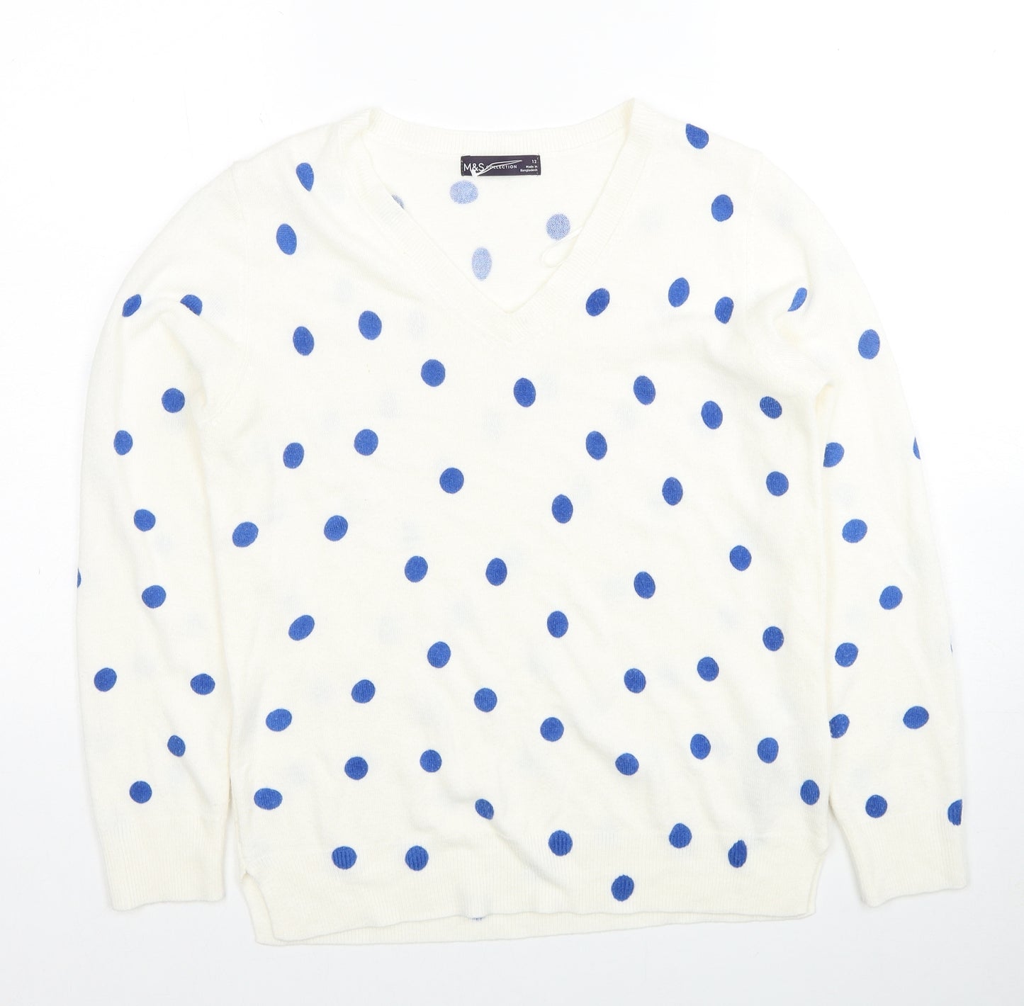 Marks and Spencer Womens White V-Neck Polka Dot Acrylic Pullover Jumper Size 12
