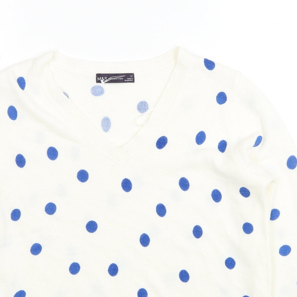 Marks and Spencer Womens White V-Neck Polka Dot Acrylic Pullover Jumper Size 12