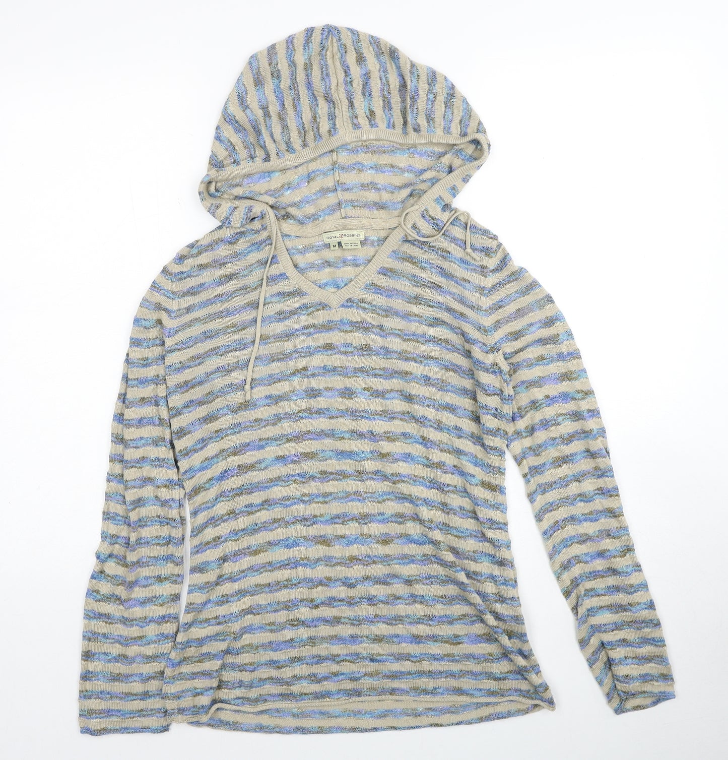 Royal Robbins Womens Beige V-Neck Striped Acrylic Pullover Jumper Size M