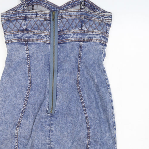 Topshop Womens Blue Cotton Bodycon Size 16 V-Neck Zip