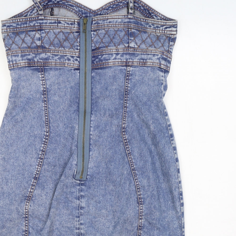 Topshop Womens Blue Cotton Bodycon Size 16 V-Neck Zip