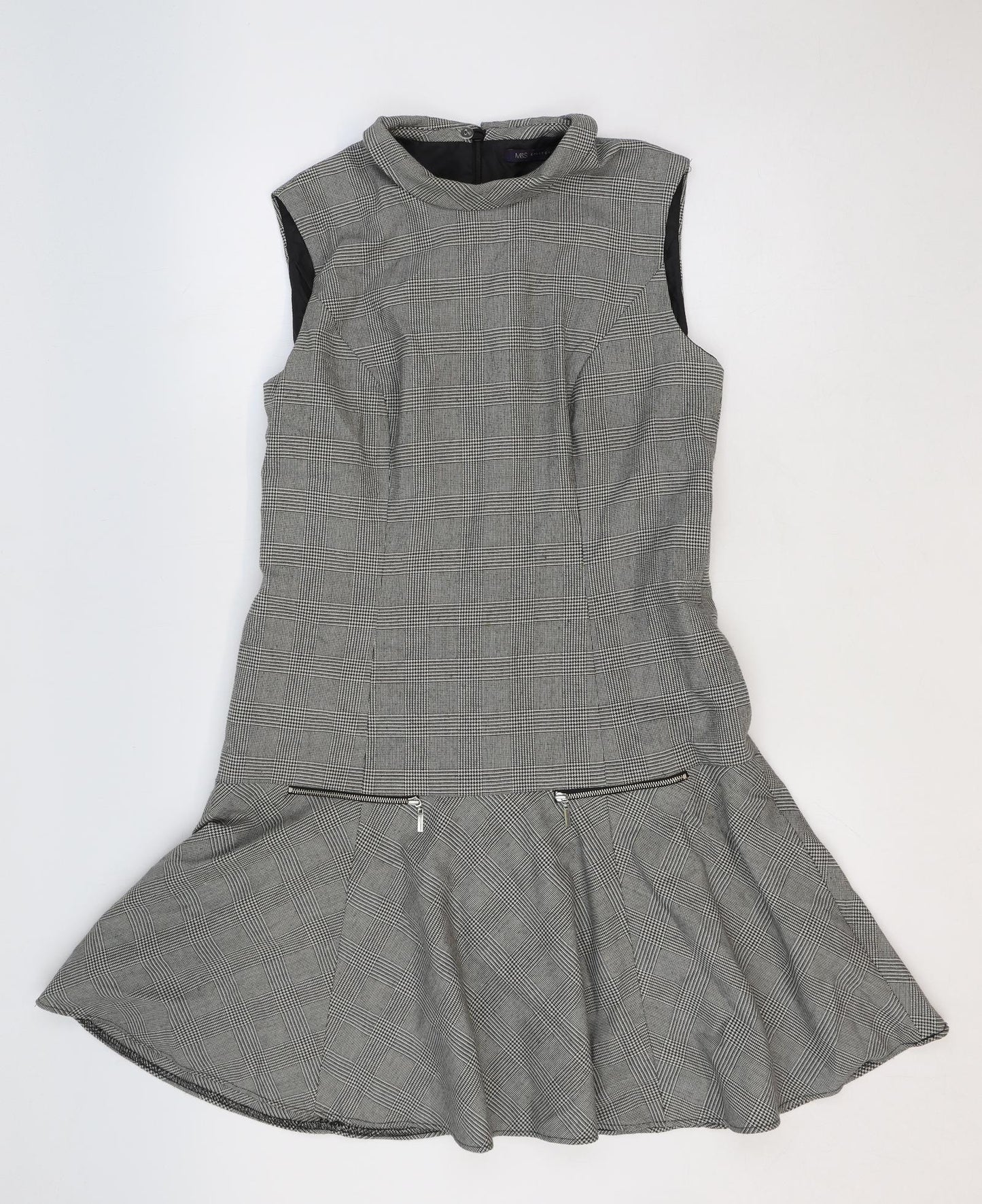 Marks and Spencer Womens Black Plaid Polyester Fit & Flare Size 12 Round Neck Zip