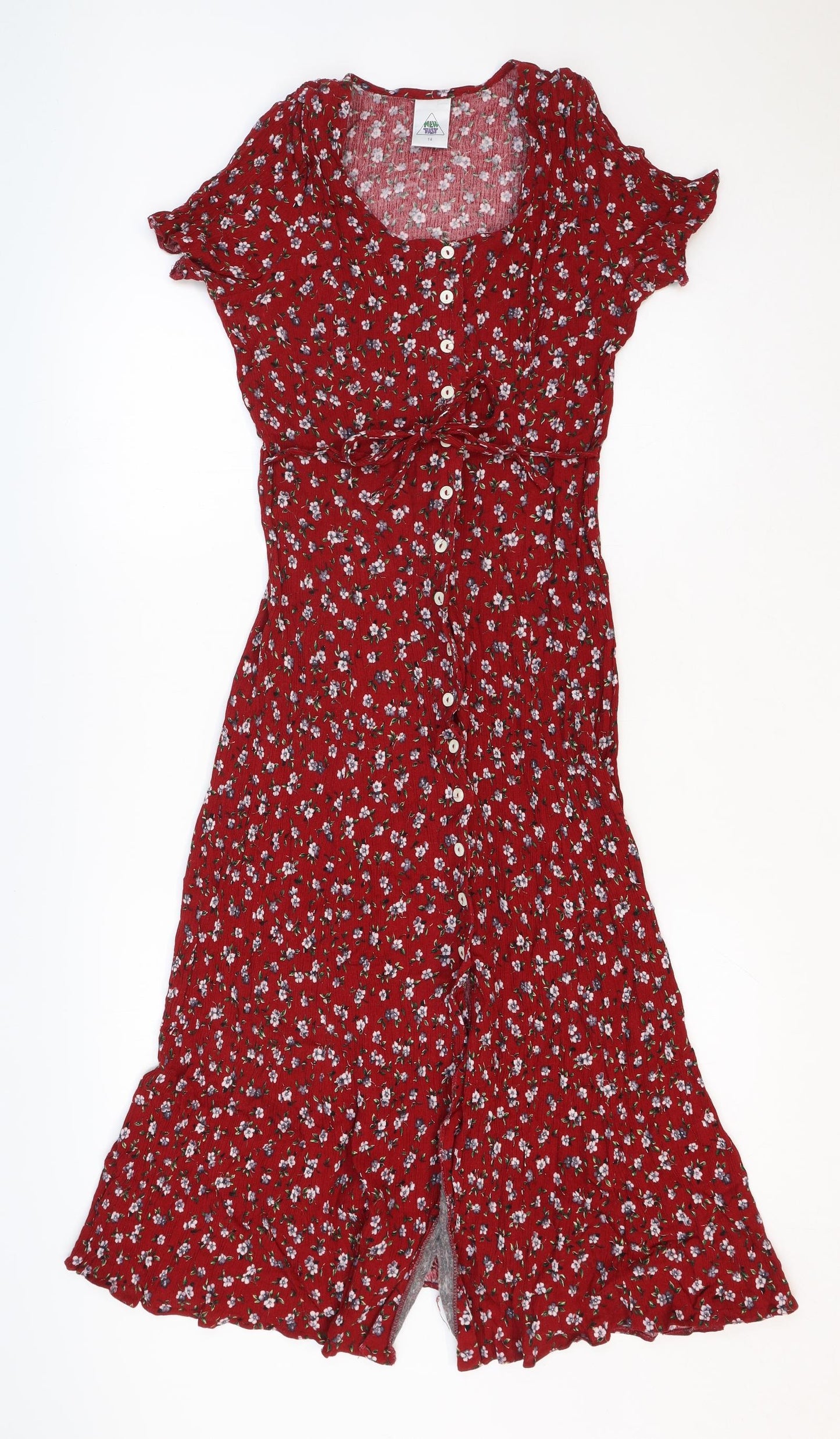New Fast Womens Red Floral Viscose Trapeze & Swing Size 14 Round Neck Button