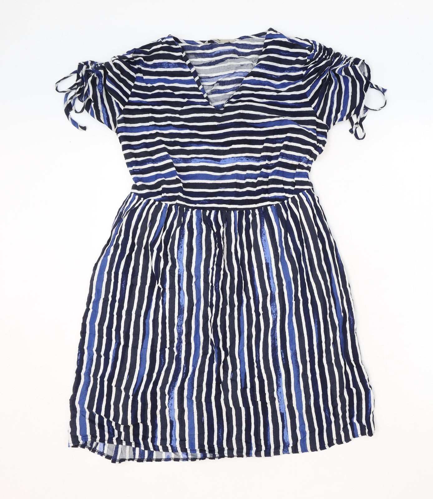 TU Womens Blue Striped Camel Fit & Flare Size 12 V-Neck Pullover