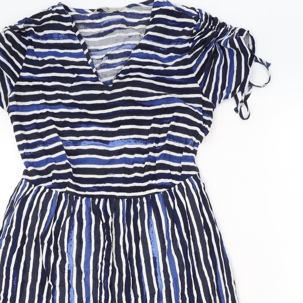 TU Womens Blue Striped Camel Fit & Flare Size 12 V-Neck Pullover