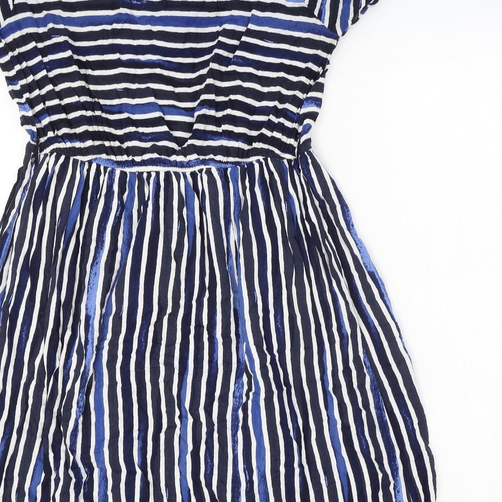 TU Womens Blue Striped Camel Fit & Flare Size 12 V-Neck Pullover
