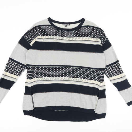 Warehouse Womens Blue Round Neck Striped Viscose Pullover Jumper Size 6