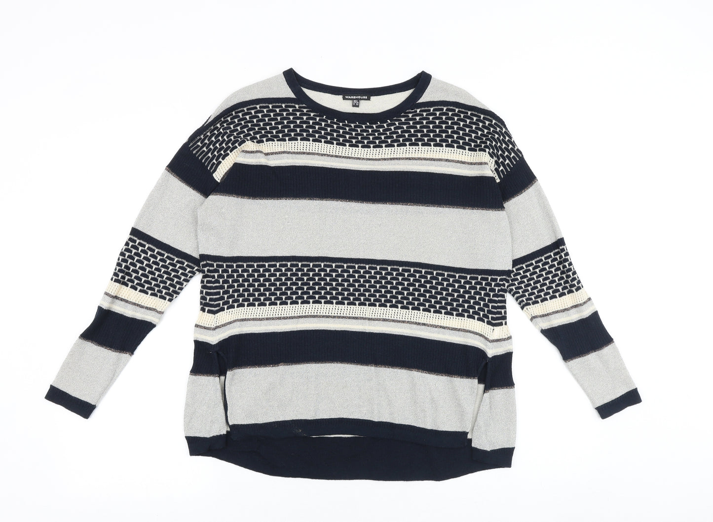 Warehouse Womens Blue Round Neck Striped Viscose Pullover Jumper Size 6