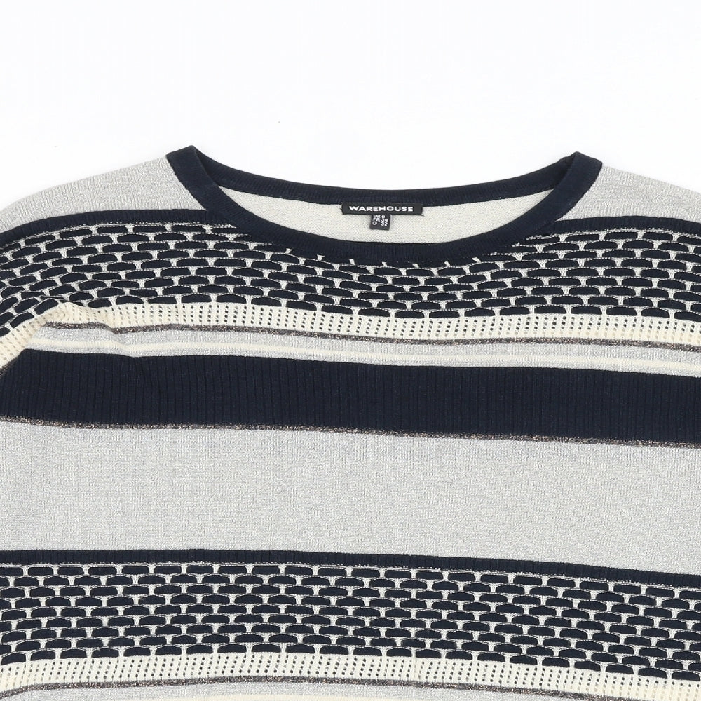 Warehouse Womens Blue Round Neck Striped Viscose Pullover Jumper Size 6