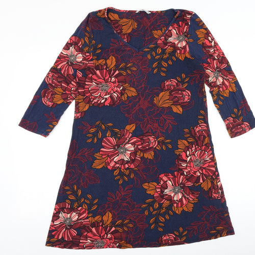 TU Womens Blue Floral Viscose A-Line Size 12 V-Neck Pullover