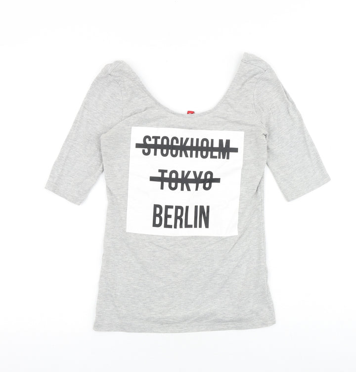 H&M Womens Grey Cotton Basic T-Shirt Size S Scoop Neck - Stockholm Tokyo Berlin