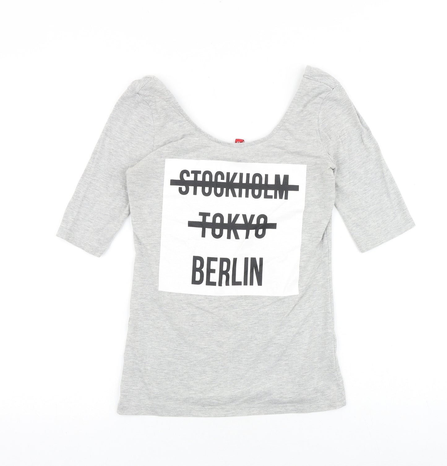 H&M Womens Grey Cotton Basic T-Shirt Size S Scoop Neck - Stockholm Tokyo Berlin
