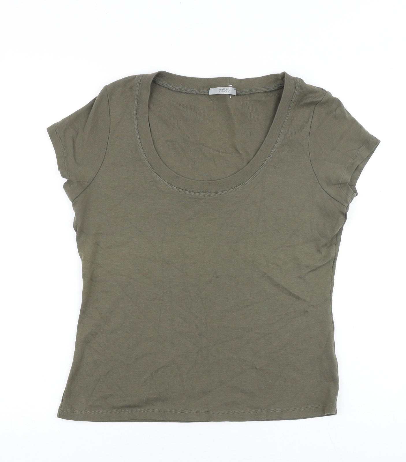 Marks and Spencer Womens Green 100% Cotton Basic T-Shirt Size 16 Round Neck