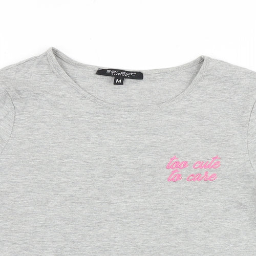 Select Womens Grey Cotton Basic T-Shirt Size M Round Neck - Too Cute To Care