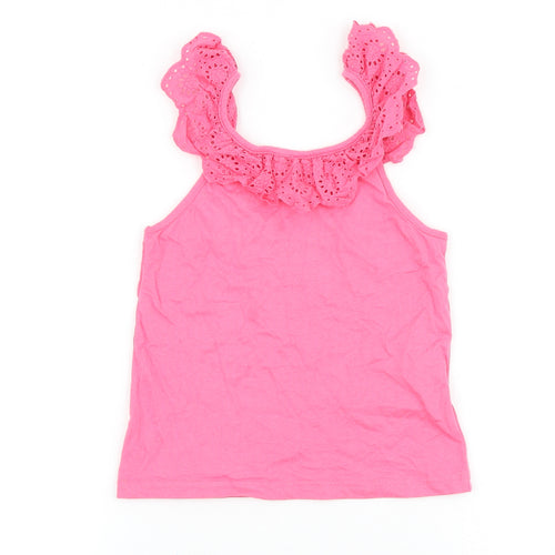 Primark Girls Pink 100% Cotton Basic Tank Size 6-7 Years Scoop Neck Pullover - Broderie Anglaise Trim
