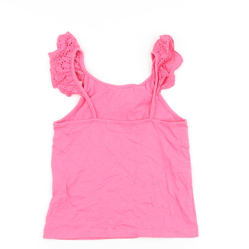 Primark Girls Pink 100% Cotton Basic Tank Size 6-7 Years Scoop Neck Pullover - Broderie Anglaise Trim